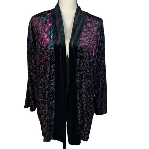 Chico’s SZ 3 (X-Large) Velvet Jacket Open Front Floral Stretch 3/4 Sleeves Multi - Picture 1 of 9